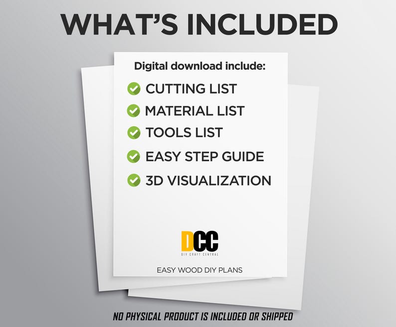 May include: A white paper with the text "WHAT'S INCLUDED" at the top. The text lists a digital download including a cutting list, material list, tools list, easy step guide, and 3D visualization. The DCC Easy Wood DIY Plans logo is at the bottom.