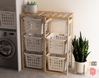 Laundry holder rack plan | DIY Digital Plans Laundry organizer Basket storage Laundry cabinet Wooden laundry rack Storage three tier rack