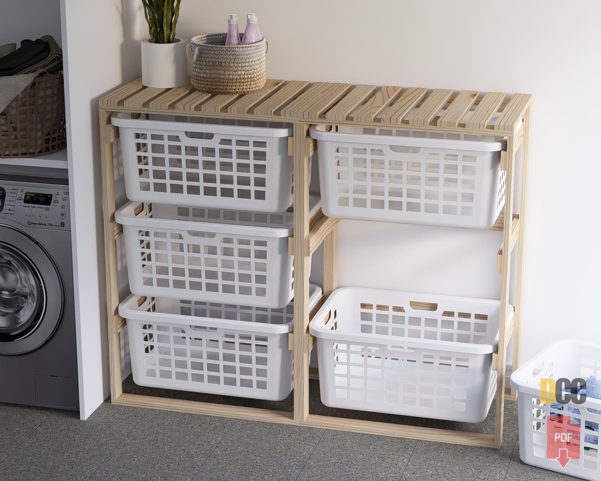 DIY-Wäschekorb-Regal: Dreiteiliger Organizer aus Holz (Digitales PDF)