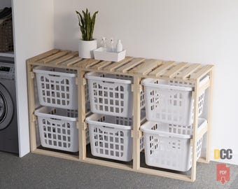 Laundry basket rack | Digital download Laundry organizer sideways storage Laundry cabinet Wooden rack Storage entryway Storage 2 tier rack