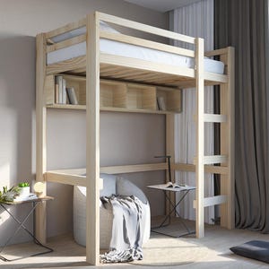 May include: A wooden loft bed with a ladder and a built-in shelf. The bed is made of natural wood and has a simple design. The shelf is ideal for storing books or other items.