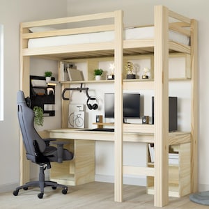 May include: A light wood loft bed with a built-in desk and shelving. The desk has a gray ergonomic chair, two computer monitors, and speakers. The bed has a white mattress and a ladder for access. The design includes a black organizer and decorative items.