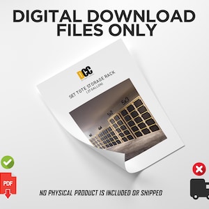 May include: A white paper with the text "DIGITAL DOWNLOAD FILES ONLY" and "SET TOTE STORAGE RACK (27 GALLON)". The image on the paper shows a storage rack. The paper also has a PDF icon and a checkmark.