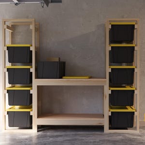 May include: A wooden shelving unit with black storage bins on each shelf. The unit is made of natural wood and has a rustic look. The shelves are stacked on top of each other and are supported by wooden beams. The storage bins are black and have a yellow trim. The unit is ideal for organising and storing items in a garage, workshop, or other storage space.