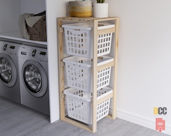 Laundry holder rack plan | DIY Digital Plans Laundry organizer Basket storage Laundry cabinet Wooden laundry rack Storage three tier rack