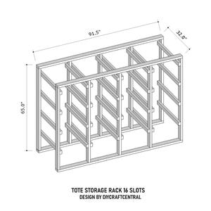 May include: A grayscale diagram of a tote storage rack with 16 slots. The rack is 91.5 inches wide, 65 inches high, and 32 inches deep. The text "TOTE STORAGE RACK 16 SLOTS DESIGN BY DIYCRAFTCENTRAL" is at the bottom.