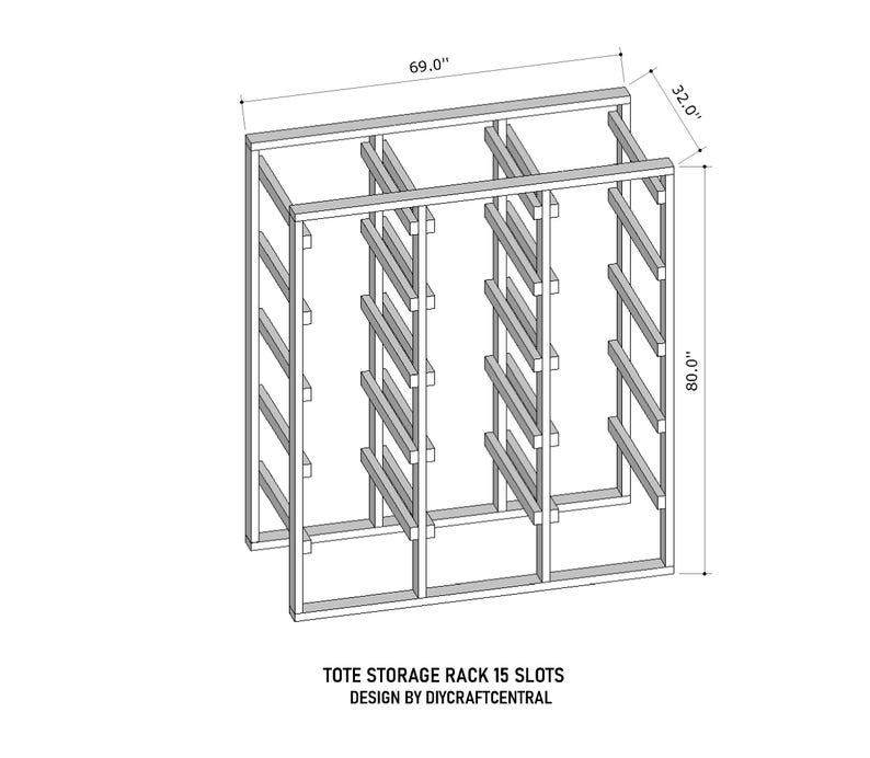 May include: Isometric view of a wooden tote storage rack with 15 slots. The rack is 69 inches wide, 32 inches deep, and 80 inches tall. The design is by DIYCraftCentral.