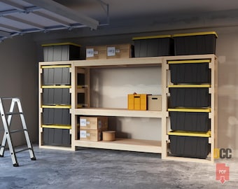 May include: A wooden storage shelf unit with multiple shelves and black storage bins. The shelves are stacked with boxes and bins. The unit is in a garage setting.