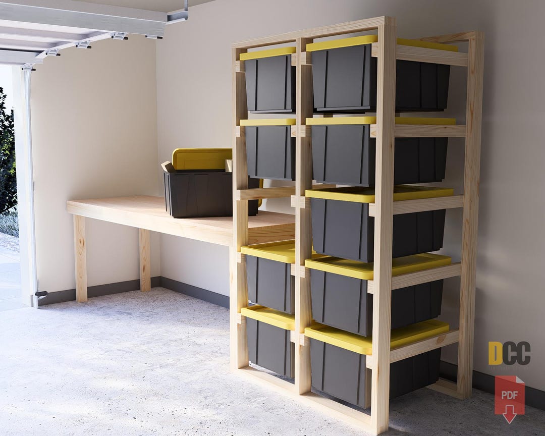 Tote Storage Rack With Workbench 5x2 | Garage Shelves Bin Rack Storage ...