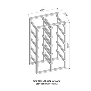 May include: A diagram of a tote storage rack with 10 slots. The rack is rectangular, with dimensions of 46.50 inches wide, 32.00 inches deep, and 80.00 inches high. The design is by DIYCraftCentral.