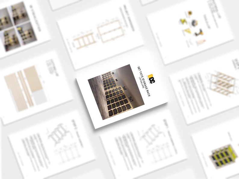 May include: A collection of white papers with diagrams and text, including a central document titled "SET TOTE STORAGE RACK (27 GALLON)". The central image shows a perspective view of a storage rack with multiple compartments.