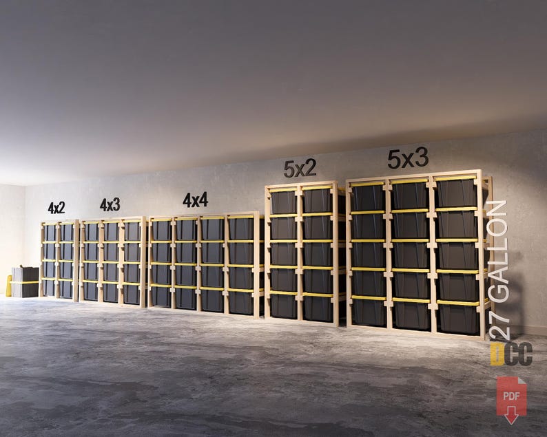 May include: A series of wooden storage units with black bins. The units are labeled 4x2, 4x3, 4x4, 5x2, and 5x3. The image also includes the text "27 GALLON".