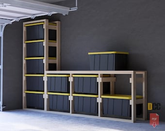 Tote Storage Sideways rack with workbench PDF File download | Single tower bin shelves storage for  27 gallon