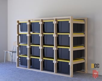 Tote storage rack 4x4 Digital download  | 16 Slot Storage  27 Gallon Diy garage shelves Diy garage shelf  Garage storage Workshop storage