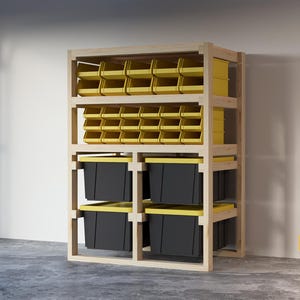 May include: A wooden shelving unit with multiple shelves, each holding yellow plastic storage bins. The bottom two shelves have black plastic storage bins.