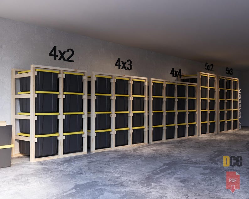 May include: Wooden storage shelving units with black bins and yellow supports. The units are labeled 4x2, 4x3, 4x4, 5x2, and 5x3. The image is taken in a garage or storage space.