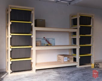 Tote rack with 3 tier Shelf PDF | 27 Gallon Storage plan  DIY garage shelves DIY bin shelf  Garage storage Bin rack storage Workshop Storage