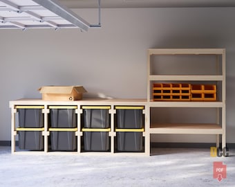 Tote workbench with shelf PDF Download | DIY Bin garage shelves  Rack storage Work bench Garage storage Workshop storage 27 gallon bin rack
