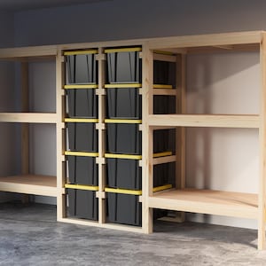 Tote rack with shelf PDF | 27 Gallon Storage plan  DIY garage shelves DIY shelf  Garage storage Bin rack storage Workshop shelf storage