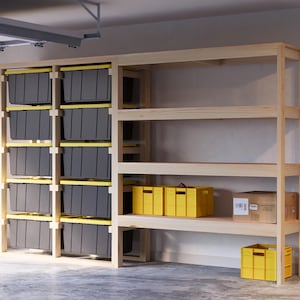 May include: A wooden storage shelving unit with multiple shelves and compartments. The unit features gray storage bins with yellow lids and yellow storage boxes. A cardboard box is also visible on a shelf.