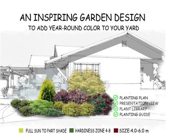 An Inspiring Landscape Design For Full Sun or Part Shade Year-Round Colorful Garden  With Easy-Care Evergreen Plants
