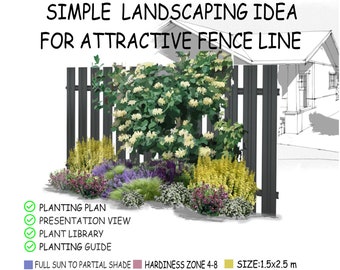 May include: A pre-made landscape design for a fence line. The design includes a variety of plants, including a large white flowering bush, a yellow flowering bush, and a purple flowering bush. The design is for a space that is 1.5 metres by 2.5 metres and is suitable for full sun to partial shade. The design is for hardiness zone 4-8.