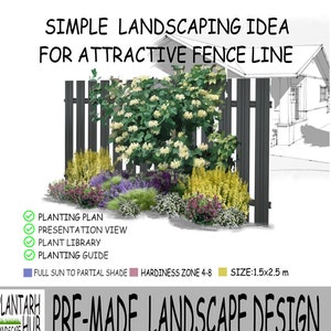 May include: A pre-made landscape design for a fence line. The design includes a variety of plants, including a large white flowering bush, a yellow flowering bush, and a purple flowering bush. The design is for a space that is 1.5 meters by 2.5 meters and is suitable for full sun to partial shade. The design is for hardiness zone 4-8.