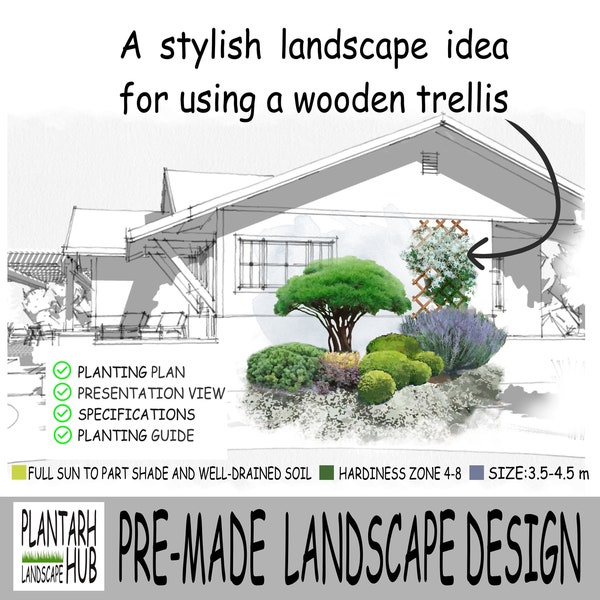 Pre-made Landscape design for full sun or part-shade garden. Outdoor space idea using wooden trellis .
