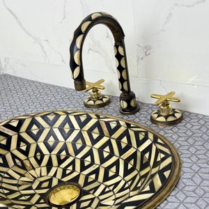 Handmade Brass Bathroom faucet with Bone & Black Resin Inlay - Luxury powder room tap | Moroccan Artisan Design