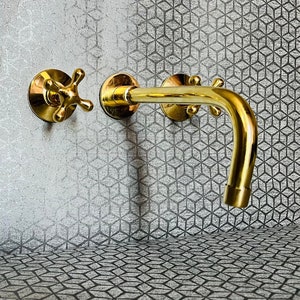 Unlacquered Brass Wall Mount Bath Faucet Hot and Cold Bathroom Faucet With Traditional Handles image 1