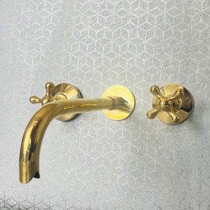 Unlacquered brass bathroom faucet- wall mounted brass tap With Cross Handles