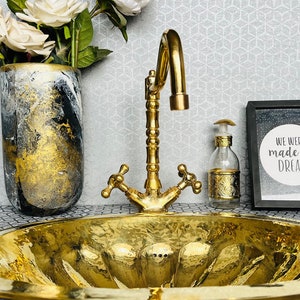 Unlacquered Brass Sink Faucet - Solid Bathroom Faucet with Cross Handles