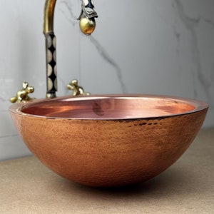 Hand-hammered copper sink - rustic vessel bathroom sink - artisan copper bowl - farmhouse bathroom decor - living finish copper vessel
