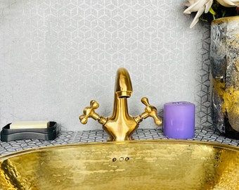 Unlacquered Brass Bathroom Faucet - solid Vanity tap With Cross Handles