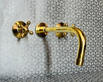 Unlacquered Brass Wall Mount Bath Faucet - Hot and Cold Bathroom Faucet With Traditional Handles