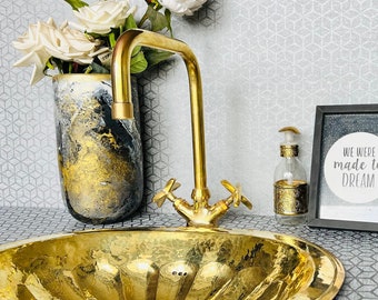 Solid Brass Sink Faucet for bathroom or kitchen - Unlacquered Brass tap with Traditional Simple Handles