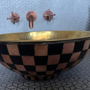 Handmade Moroccan Brass Vessel Sink with Wood and Black checkerboard Design – Luxury Bathroom Sink - pop up included