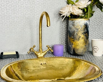 Unlacquered Brass Goosneck Faucet- Engraved brass bathroom tap