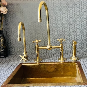 Unlacquered Brass Bridge Kitchen Faucet with Sprayer