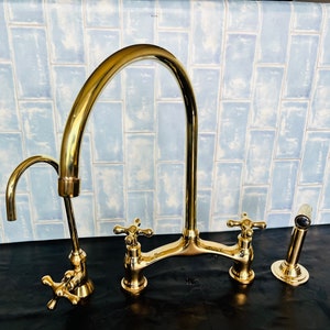 Unlacquered Solid Brass Kitchen Faucet for Farmhouse Elegance Crooked Bridge faucet V-Style solid kitchen brass tap image 3