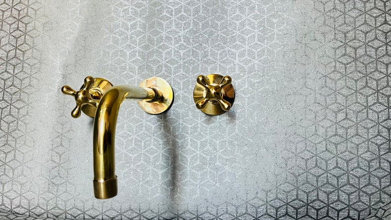 Unlacquered Brass Wall Mount Bath Faucet Hot and Cold Bathroom Faucet With Traditional Handles image 3