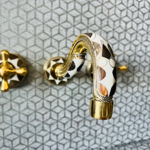 Unlacquered Brass & resin Bathroom Sink Faucet, Solid brass Tub Filler Faucet, Wall Mounted Bathroom Faucet With Cross Handles