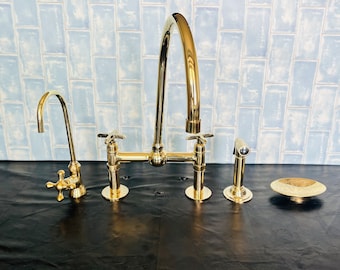 Unlacquered Brass Finish Kitchen Bridge Faucet- Brass Bridge Faucet 8'' Ball Center with Straight Legs- Kitchen tap