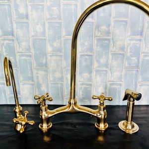 Unlacquered Solid Brass Kitchen Faucet for Farmhouse Elegance Crooked Bridge faucet V-Style solid kitchen brass tap image 7