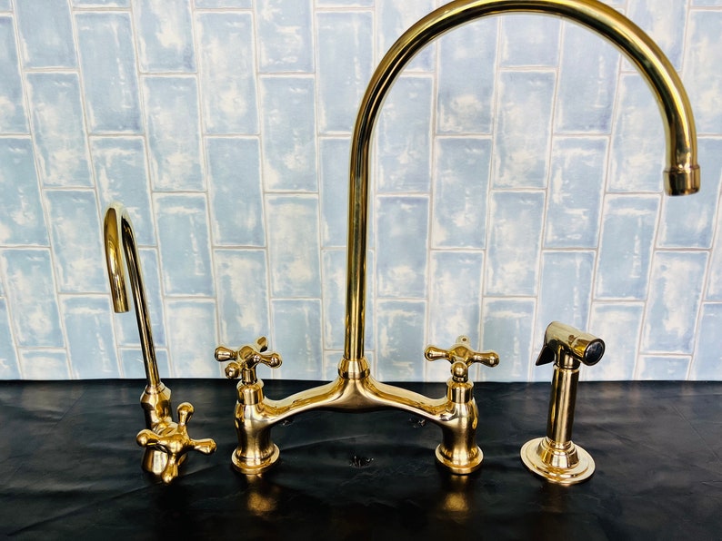 Unlacquered Solid Brass Kitchen Faucet for Farmhouse Elegance Crooked Bridge faucet V-Style solid kitchen brass tap image 7