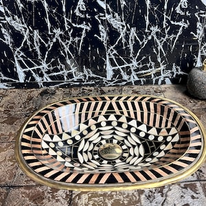 Eye-Shaped Brass Bathroom Sink - Resin & Wood Studded Drop-in Basin - Unlacquered Brass sink with Free Pop-up Drain