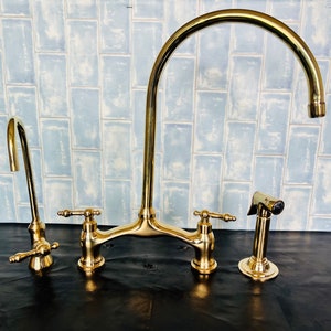 Unlacquered Solid Brass Kitchen Faucet for Farmhouse Elegance Crooked Bridge faucet V-Style solid kitchen brass tap image 4