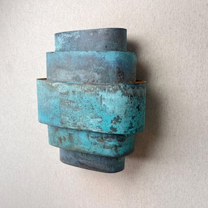 Handcrafted Verdigris Brass Wall Sconce: Geometric Turquoise Lighting