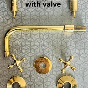 Unlacquered Brass Wall Mount Bath Faucet Hot and Cold Bathroom Faucet With Traditional Handles With Valve