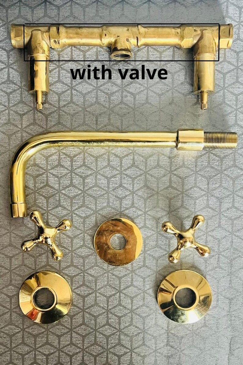 Unlacquered Brass Wall Mount Bath Faucet Hot and Cold Bathroom Faucet With Traditional Handles With Valve